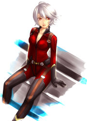 Rule 34 | 1girl, ahoge, arm support, black gloves, bodysuit, breasts, cleavage, collarbone, from above, gloves, hair between eyes, medium breasts, onikuzun, open mouth, pilot suit, red bodysuit, red eyes, short hair, silver hair, simple background, solo, uchuu senkan yamato, uchuu senkan yamato 2199, white background, yamamoto akira
