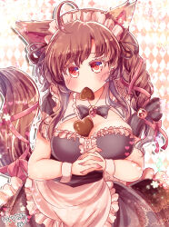 Rule 34 | 1girl, alternate hairstyle, animal ears, apron, argyle, argyle background, argyle clothes, braid, breasts, brown hair, candy, chocolate, chocolate heart, cleavage, commentary request, food, food in mouth, heart, highres, imaizumi kagerou, kemo chiharu, large breasts, long hair, looking at viewer, maid, maid headdress, own hands together, red eyes, solo, touhou, valentine, waist apron, white apron, wolf ears, wolf girl