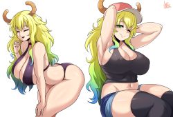 Rule 34 | 1girl, armpits, arms behind head, ass, bare arms, bare shoulders, baseball cap, bikini, black bikini, black tank top, black thighhighs, blonde hair, blue hair, breasts, cleavage, closed eyes, closed mouth, curvy, dragon horns, gradient hair, green hair, hat, highres, horns, jmg, kobayashi-san chi no maidragon, large breasts, leaning forward, long hair, looking at viewer, lucoa (maidragon), multicolored hair, multiple views, navel, one eye closed, open mouth, shorts, simple background, sitting, smile, swimsuit, tank top, teeth, thighhighs, thighs, upper teeth only, white background, wink