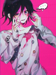 Rule 34 | ..., 1boy, artist name, blood, blood on face, buttons, danganronpa (series), danganronpa v3: killing harmony, double-breasted, grey jacket, hair between eyes, half-closed eye, hands up, highres, jacket, long sleeves, male focus, oma kokichi, pink background, pink blood, polka dot, polka dot background, rina (crystalrina), short hair, smile, solo, spoken ellipsis, upper body