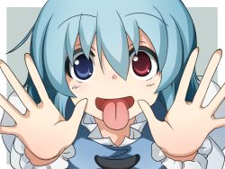 Rule 34 | 1girl, blue eyes, blue hair, closed eyes, gia (abab0707), hair between eyes, heterochromia, iei, juliet sleeves, long sleeves, open mouth, outstretched hand, puffy sleeves, red eyes, short hair, solo, tatara kogasa, tongue, tongue out, touhou