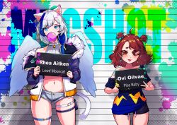 Rule 34 | 2girls, absurdres, animal ears, annoyed, bell, blue eyes, bra strap, brown hair, cat ears, chewing gum, collar, earrings, eyeshadow, feathered wings, fur trim, highres, holding, holding sign, indie virtual youtuber, jacket, jewelry, makeup, mugshot, multicolored clothes, multicolored hair, multiple girls, navel, neck bell, off-shoulder shirt, off shoulder, oiivae, one eye closed, open clothes, open jacket, paint splatter, panty straps, rhea aitken, shirt, short shorts, short twintails, shorts, sign, single earring, sleeveless, sleeveless turtleneck, thigh strap, tongue, tongue out, turtleneck, twintails, white collar, wings, yellow eyes