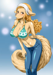 Rule 34 | 1girl, :3, animal ears, bikini, bikini top only, blonde hair, blush, breasts, covered erect nipples, curvy, female focus, furry, furry female, game cg, highres, large breasts, long hair, looking at viewer, mink tribe, nel-zel formula, one piece, simple background, smile, solo, standing, swimsuit, tail, wanda (one piece)