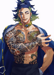 Rule 34 | 1boy, abs, adaman (pokemon), arm tattoo, black pants, blue coat, blue hair, brown eyes, chest tattoo, coat, coat on shoulders, collar, collarbone, commentary request, creatures (company), earrings, eyebrow cut, game freak, green hair, hand in pocket, highres, jewelry, lower teeth only, male focus, navel, neck ring, nintendo, open mouth, opnune, pants, pectorals, pokemon, pokemon legends: arceus, ponytail, sideways glance, smile, solo, tattoo, teeth, white background