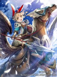 Rule 34 | 1girl, ahoge, blonde hair, book, boots, bow, cloud, company name, copyright name, day, emma (fire emblem), feathers, fingerless gloves, fire emblem, fire emblem cipher, gloves, intelligent systems, kawasumi mahiro, long hair, nintendo, official art, open mouth, pegasus, polearm, ponytail, sky, solo, spear, weapon, wings, yellow eyes
