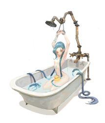 Rule 34 | 1girl, absurdly long hair, armpits, arms up, bandaid, bandaid on arm, bathtub, bdsm, blue hair, bondage, braid, breasts, chained wrists, claw foot bathtub, cuffs, handcuffs, honghong, jinx (league of legends), league of legends, long hair, navel, nipples, nude, red eyes, rubber duck, seiza, simple background, sitting, skinny, small breasts, solo, tattoo, twin braids, very long hair, water, white background