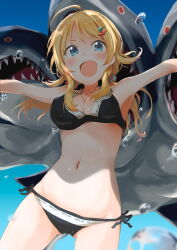 Rule 34 | 1girl, :d, ahoge, armpits, bikini, black bikini, blonde hair, blue eyes, commentary request, hachimiya meguru, hair ornament, hairclip, highres, idolmaster, idolmaster shiny colors, looking at viewer, low twintails, navel, open mouth, outstretched arms, shark, shuiro (frog-16), side-tie bikini bottom, smile, spread arms, swimsuit, twintails