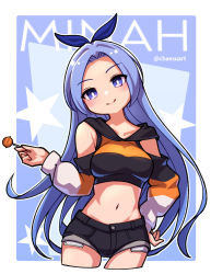 Rule 34 | 1girl, black shorts, blue eyes, blue hair, blush, borrowed character, breasts, candy, commentary, cropped hoodie, cropped legs, denim, denim shorts, english commentary, exposed pocket, food, forehead, hand on own hip, highres, holding, holding candy, holding food, holding lollipop, hood, hood down, hoodie, lollipop, long hair, long sleeves, medium breasts, midriff, bae minah (chaesu), navel, original, short shorts, shorts, smile, solo, umenodo, very long hair