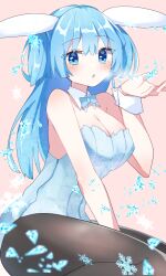 Rule 34 | 1girl, animal ears, blowing, blue eyes, blue hair, blush, bow, bowtie, breasts, breath, cleavage, detached collar, highres, ice, ice crystal, large breasts, leotard, long hair, looking at viewer, mani (second-dimension), open mouth, original, pantyhose, playboy bunny, rabbit ears, rabbit girl, snowflakes, solo, strapless, strapless leotard, traditional bowtie, two side up, wrist cuffs