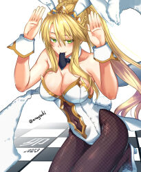 1girl ahoge animal_ears aona_(anagasaki) artoria_pendragon_(all) artoria_pendragon_(fate) artoria_pendragon_(swimsuit_ruler)_(fate) artoria_pendragon_(swimsuit_ruler)_(first_ascension)_(fate) bare_shoulders blonde_hair blush braid breasts brown_pantyhose cleavage clothing_cutout detached_collar fate/grand_order fate_(series) feather_boa fishnet_pantyhose fishnets french_braid green_eyes hair_between_eyes highleg highleg_leotard highres large_breasts leotard long_hair looking_at_viewer navel navel_cutout necktie pantyhose playboy_bunny ponytail rabbit_ears sidelocks thighs tiara white_leotard wrist_cuffs