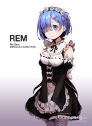 Rule 34 | 10s, 1girl, absurdres, apron, artist name, blue eyes, blue hair, blush, breasts, character name, closed mouth, copyright name, detached sleeves, dress, english text, frilled apron, frills, gradient background, gunppang, hair ornament, hair over one eye, hairband, head tilt, highres, long sleeves, looking at viewer, maid, medium breasts, re:zero kara hajimeru isekai seikatsu, rem (re:zero), ribbon-trimmed clothes, ribbon-trimmed legwear, ribbon trim, short hair, smile, solo, thighhighs, v arms, waist apron, white apron, white thighhighs, x hair ornament