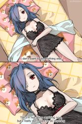 Rule 34 | + +, 1girl, 2koma, blue hair, breasts, choker, cleavage, comic, english text, expressionless, eyepatch, female focus, hair down, hair over one eye, large breasts, long hair, lying, meme, ng (kimjae737), nightgown, on back, red eyes, sad, scar, skullgirls, solo, subtitled, valentine (skullgirls)