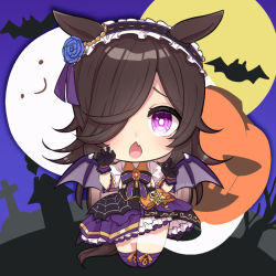 Rule 34 | 1girl, animal ears, bat (animal), brown hair, chibi, claw pose, dress, fake wings, fang, frilled dress, frills, ghost, graveyard, hair over one eye, hairband, horse ears, horse girl, horse tail, jack-o&#039;-lantern, long hair, looking at viewer, open mouth, purple dress, purple footwear, rice shower (make up vampire!) (umamusume), rice shower (umamusume), short hair, skin fang, solo, sui (h14 draw), tail, umamusume, wings