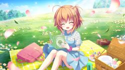 Rule 34 | 1girl, ahoge, apple, bag, blanket, blue dress, blue skirt, blue sky, book, brown footwear, buttons, cherry blossoms, closed eyes, collar, cup, cupcake, day, dot nose, dress, drinking glass, field, film grain, floral print, flower, food, fruit, game cg, grass, hair ornament, hairclip, handbag, heart, holding, holding book, izumi tsubasu, leaf, light brown hair, non-web source, official art, on ground, open book, open mouth, orange (fruit), outdoors, petals, picnic, picnic basket, pink bag, pink scrunchie, plate, plate stack, re:stage!, scrunchie, shikimiya mana, shoes, unworn shoes, short hair, sitting, skirt, sky, smile, solo, sparkle, thermos, tree, wind, wrist scrunchie
