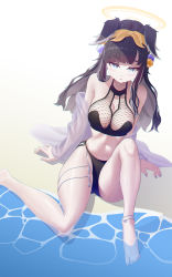 Rule 34 | animal ears, ass, bad id, bad pixiv id, bare shoulders, beach, bikini, black bikini, black hair, blue archive, blue eyes, blue nails, breasts, bright pupils, bustier, chestnut mouth, cleavage, colored inner hair, demian 221, dog ears, dog girl, feet, fishnets, from above, grey hair, hair bobbles, hair ornament, halo, hibiki (blue archive), highres, jitome, large breasts, long hair, looking at viewer, medium breasts, multicolored hair, nail polish, navel, raised eyebrow, see-through, simple background, sitting, swimsuit, thighs, toenail polish, toenails, toes, twintails, water, waves