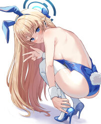 Rule 34 | 1girl, animal ears, ass, backless leotard, blonde hair, blue archive, blue eyes, blue footwear, breasts, earpiece, earrings, fake animal ears, fake tail, halo, high heels, highleg, highleg leotard, highres, jewelry, leotard, looking at viewer, looking to the side, medium breasts, official alternate costume, playboy bunny, rabbit ears, rabbit tail, revision, sideboob, simple background, solo, squatting, strapless, strapless leotard, stud earrings, tail, thighhighs, toki (blue archive), toki (bunny) (blue archive), w, white background, white thighhighs, wrist cuffs, yeogpu (seung832222)