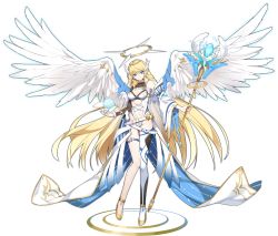 Rule 34 | 1girl, angel, ark order, bare shoulders, blonde hair, blue eyes, breasts, cleavage, clothing cutout, detached sleeves, earrings, falling feathers, feathered wings, feathers, full body, gold footwear, greetload, halo, head wings, high heels, highres, holding, holding staff, jewelry, large breasts, leotard, long hair, michael (ark order), navel, navel cutout, official art, orb, shoes, single thighhigh, solo, staff, tachi-e, thigh strap, thighhighs, transparent background, very long hair, white wings, wings