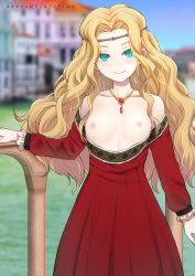Rule 34 | 1girl, arte, bad id, bad pixiv id, blonde hair, breasts, dress, forehead, green eyes, kanden sky, long hair, looking at viewer, nipples, outdoors, red dress, smile, solo, topless