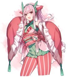 Rule 34 | 1girl, bad id, bad twitter id, bell, creatures (company), detached sleeves, fang, frilled sleeves, frills, game freak, gen 7 pokemon, green skirt, hair ornament, katagiri hachigou, long hair, lurantis, nintendo, obi, open mouth, pantyhose, personification, pink hair, pokemon, red eyes, sash, skirt, solo, striped clothes, striped legwear, striped pantyhose, vertical-striped clothes, vertical-striped legwear, vertical-striped pantyhose, wide sleeves