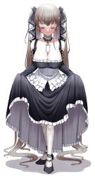 Rule 34 | 1girl, absurdly long hair, azur lane, bare shoulders, between breasts, black dress, black footwear, black ribbon, breasts, cleavage, clothing cutout, detached collar, dress, closed eyes, formidable (azur lane), frilled dress, frills, full body, grey hair, hair ribbon, highres, long hair, long sleeves, medium breasts, necktie, necktie between breasts, ribbon, shoes, shoulder cutout, simple background, skirt hold, solo, standing, twintails, two-tone dress, two-tone ribbon, very long hair, white background, white dress, white legwear, white ribbon, yomogi dango