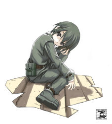 Rule 34 | 00s, 1girl, androgynous, boots, green hair, kino (kino no tabi), kino no tabi, looking at viewer, reverse trap, short hair, simple background, sitting, solo, white background