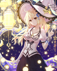 Rule 34 | 1girl, absurdres, blonde hair, breasts, brown eyes, cleavage, collarbone, cowboy shot, crescent, crescent necklace, elbow gloves, gloves, hair ribbon, hat, head tilt, highres, index finger raised, jewelry, keis (locrian1357), lantern, light particles, long hair, looking at viewer, necklace, night, original, puffy short sleeves, puffy sleeves, ribbon, short sleeves, single elbow glove, single glove, smile, solo, star (symbol), witch, witch hat, wrist cuffs