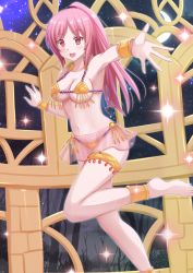 Rule 34 | 1girl, anklet, arabian clothes, armpits, bare legs, bare shoulders, beads, belly dancer, blush, bracelet, breasts, cleavage, commission, dancer, female focus, gold, harem outfit, high ponytail, highres, jewelry, kazenokaze, large breasts, leglet, loincloth, looking at viewer, midriff, navel, open mouth, original, pink eyes, pink hair, ponytail, revealing clothes, sky, smile, solo, sparkle, standing, star (sky), star (symbol), starry sky, string bra, tree