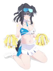 Rule 34 | 1girl, absurdres, bare arms, bare shoulders, black hair, blue archive, blue eyes, blunt bangs, blush, breasts, cleavage, commentary request, crop top, eyewear on head, facial mark, halterneck, hibiki (blue archive), hibiki (cheer squad) (blue archive), highres, holding, holding pom poms, kuyoumi, large breasts, long hair, looking at viewer, midriff, millennium cheerleader outfit (blue archive), miniskirt, navel, open mouth, pom pom (cheerleading), pom poms, shoes, simple background, sitting, skirt, sneakers, solo, star (symbol), stomach, sunglasses, thighs, wariza, white background, white footwear, white skirt