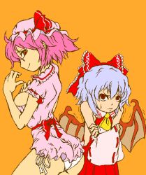 Rule 34 | 2girls, bat wings, cold, cosplay, embarrassed, female focus, flat color, from side, hakurei reimu, hakurei reimu (cosplay), hat, mob cap, multiple girls, orange background, oversized clothes, remilia scarlet, remilia scarlet (cosplay), saigyouji yuyuko, simple background, touhou, wings