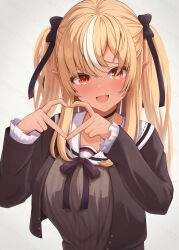 Rule 34 | 1girl, :d, blonde hair, breasts, choker, dark-skinned female, dark skin, heart, heart hands, highres, hololive, large breasts, long hair, looking at viewer, multicolored hair, open mouth, orange eyes, pointy ears, school uniform, serafuku, shiranui flare, shiranui flare (street), smile, solo, streaked hair, suicabar72, two side up, virtual youtuber