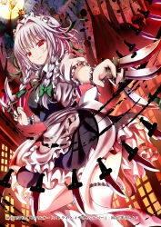 Rule 34 | &gt;:), 1girl, absurdres, blood, blood on face, braid, givuchoko, highres, holding, izayoi sakuya, knife, looking at viewer, maid, maid headdress, parted lips, red eyes, silver hair, solo, touhou, twin braids, v-shaped eyebrows, wrist cuffs