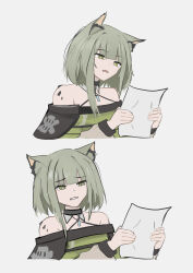 Rule 34 | 1girl, absurdres, animal ear fluff, animal ears, arknights, bare shoulders, black choker, choker, clenched teeth, commentary, dress, english commentary, green dress, green eyes, green hair, head tilt, highres, holding, holding paper, kal&#039;tsit (arknights), long sleeves, looking at object, lynx ears, lynx girl, material growth, medium hair, off-shoulder dress, off shoulder, open mouth, oripathy lesion (arknights), paper, sidelocks, simple background, solo, teeth, wawamachi (wawamachis), white background, winnie the pooh