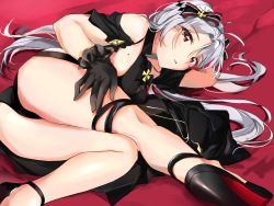 Rule 34 | antenna hair, arm support, ass, azur lane, black dress, black gloves, breasts, cameltoe, dress, emblem, eyes visible through hair, gloves, hair ornament, hand on thigh, high heels, highres, large breasts, long hair, lying, mole, mole on breast, multicolored hair, on side, open mouth, prinz eugen (azur lane), prinz eugen (cordial cornflower) (azur lane), rainbow-kata, red background, red eyes, red hair, sideboob, silver hair, streaked hair, thigh strap, thighs