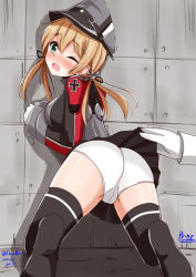Rule 34 | 10s, 1girl, admiral (kancolle), aikawa ryou, ass, blonde hair, blush, clothes lift, gloves, hat, kantai collection, long hair, panties, prinz eugen (kancolle), skirt, skirt lift, solo focus, thighhighs, twintails, underwear, white panties