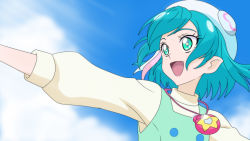 Rule 34 | 1girl, :d, anime coloring, blue eyes, blue hair, blue sky, blurry, blurry background, cloud, damascus (dearigazu2001), hagoromo lala, hair ribbon, hat, highres, jewelry, long sleeves, necklace, open mouth, outstretched arms, pink ribbon, pouch, precure, ribbon, shirt, short hair, sky, smile, solo, star-shaped pupils, star (symbol), star twinkle precure, symbol-shaped pupils, upper body, white hat, white ribbon, white shirt