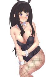 Rule 34 | 1girl, absurdres, animal ears, bad id, bad pixiv id, bare shoulders, black hair, black leotard, blush, breasts, cleavage, collarbone, detached collar, fake animal ears, fishnets, hateri, highres, holding own wrist, inoue takina, large breasts, leotard, long hair, looking at viewer, lycoris recoil, nose blush, playboy bunny, purple eyes, sidelocks, solo, wrist cuffs