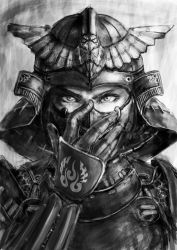 Rule 34 | 1boy, armor, baryan, greyscale, highres, looking at viewer, male focus, monochrome, original, portrait, samurai, solo, upper body