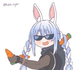 Rule 34 | 1girl, :d, animal ear fluff, animal ears, black vest, blue hair, blush, bracelet, braid, carrot, copyright request, covered eyes, dark-skinned female, dark skin, facing viewer, food-themed hair ornament, gradient hair, hair ornament, holding, holding carrot, hololive, jewelry, kukie-nyan, multicolored hair, open mouth, rabbit ears, simple background, smile, solo, spiked bracelet, spikes, sunglasses, twin braids, two-tone hair, usada pekora, vest, virtual youtuber, white background, white hair, wristband