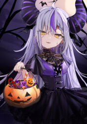 Rule 34 | 1girl, absurdres, akebisousaku, grey hair, halloween, highres, hololive, holox, horns, la+ darknesss, long hair, multicolored hair, outdoors, smile, solo, streaked hair, virtual youtuber