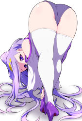 Rule 34 | 1girl, ass, bent over, blue leotard, cameltoe, cleft of venus, commentary request, cone hair bun, detached sleeves, from behind, full body, hair bun, hairband, high heels, highres, hugtto! precure, leotard, long hair, looking at viewer, looking back, low twintails, precure, purple eyes, purple hair, revision, ruru amour, ryuuta (cure ryuuta), shiny skin, simple background, solo, standing, thighhighs, twintails, very long hair, white background, white thighhighs, yellow hairband