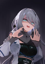 1girl absurdres commentary_request green_eyes grey_background grey_hair highres looking_at_viewer mole mole_under_eye mole_under_mouth nijisanji nmhdtnr1 open_mouth solo sophia_valentine sophia_valentine_(1st_costume) sweat teeth virtual_youtuber