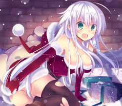 Rule 34 | 1girl, ahoge, anceril sacred, angry, ass, bad id, bad pixiv id, bare shoulders, black thighhighs, blush, boots, breasts, christmas, cleavage, elbow gloves, fang, fur trim, gift, gloves, green eyes, long hair, mishima kurone, open mouth, original, red gloves, sack, santa costume, silver hair, snow, solo, tears, thighhighs, torn clothes, torn thighhighs