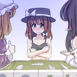 Rule 34 | 3girls, bare shoulders, black bra, black hair, blonde hair, blush, board game, bow, bra, brown eyes, brown hair, detached sleeves, embarrassed, female focus, hair bow, hair tubes, hakurei reimu, hat, hat bow, japanese clothes, lingerie, long hair, looking at viewer, mahjong, maribel hearn, miko, multiple girls, nervous, nose blush, pov, pov across table, shaded face, short hair, simple background, strip game, strip mahjong, table, tearing up, tears, thumbs up, tori (minamopa), touhou, underwear, underwear only, undressing, usami renko, white background