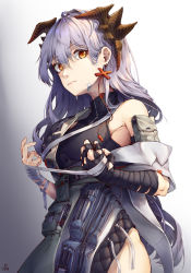 Rule 34 | 1girl, absurdres, arknights, bandaged arm, bandages, bare shoulders, enin, gradient background, grey background, highres, horns, long hair, looking at viewer, official alternate costume, orange eyes, saria (arknights), saria (stronghold) (arknights), silver hair, solo, upper body, white background