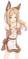 Rule 34 | 1girl, animal ears, backless outfit, bag, belt, blonde hair, bracelet, breasts, bridal gauntlets, clenched hands, collarbone, elbow gloves, enatsu, erun girl, erune, flat chest, gloves, granblue fantasy, green eyes, highres, jewelry, long hair, looking at viewer, open mouth, parted bangs, satchel, sideboob, simple background, solo, white background