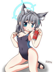 Rule 34 | animal ear fluff, animal ears, black one-piece swimsuit, blue archive, blue eyes, breasts, can, competition swimsuit, covered navel, cross hair ornament, drink can, el@tewi, extra ears, feet out of frame, grey hair, hair ornament, halo, highres, low ponytail, medium hair, mismatched pupils, multicolored clothes, multicolored swimsuit, official alternate costume, one-piece swimsuit, shiroko (blue archive), shiroko (swimsuit) (blue archive), simple background, small breasts, soda can, swimsuit, white background, wolf ears
