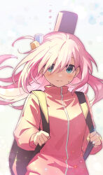 Rule 34 | 1girl, blue eyes, bocchi the rock!, commentary request, cube hair ornament, floating hair, gotoh hitori, guitar case, hair between eyes, hair ornament, hair over eyes, highres, instrument case, jacket, long hair, looking at viewer, one side up, pink hair, pink jacket, pink track suit, sakuro, solo, track jacket, translation request