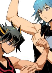 Rule 34 | absurdres, adjusting clothes, biceps, black hair, black shirt, black tank top, blue eyes, blue hair, bruno (yu-gi-oh!), comparison, expressionless, facial mark, facial tattoo, flexing, fudo yusei, grey eyes, hand on own arm, highres, looking down, looking to the side, marking on cheek, multicolored hair, muscular, muscular male, parted lips, shirt, short hair, simple background, size comparison, spiked hair, standing, streaked hair, t-shirt, tank top, tattoo, white background, youko-shima, yu-gi-oh!, yu-gi-oh! 5d&#039;s