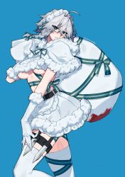 Rule 34 | 1girl, absurdres, alternate costume, blood, blue background, breasts, capelet, christmas, fur-trimmed capelet, fur trim, gloves, hat, highres, himadera, izayoi sakuya, large breasts, looking at viewer, sack, simple background, solo, teeth, thighhighs, touhou, underboob