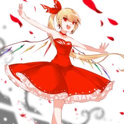 Rule 34 | 1girl, alternate costume, alternate hairstyle, blonde hair, blurry, blurry background, dress, fang, feet out of frame, flandre scarlet, frilled dress, frills, hair between eyes, long hair, mindoll, multicolored wings, one-hour drawing challenge, open mouth, petals, red dress, red eyes, red petals, rose petals, solo, t-pose, touhou, very long hair, wings